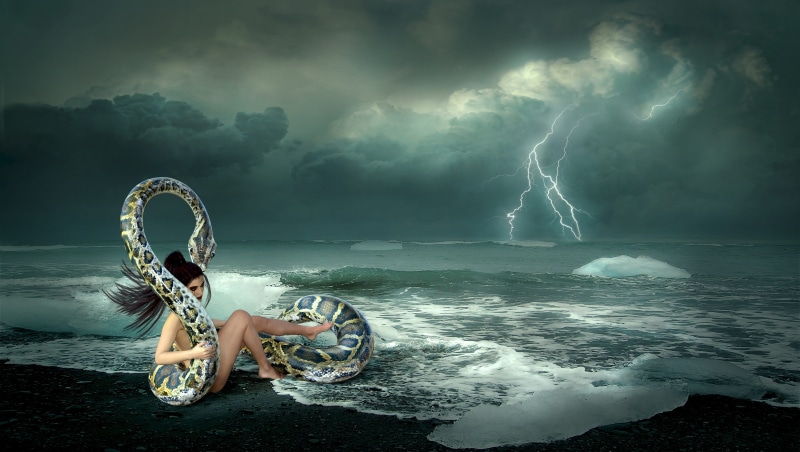 magic, real people, sea, woman, python, sport, fairy tales, mysticism, storm, forward, dark clouds, people, atmospheric, snake, warning sign, storm clouds