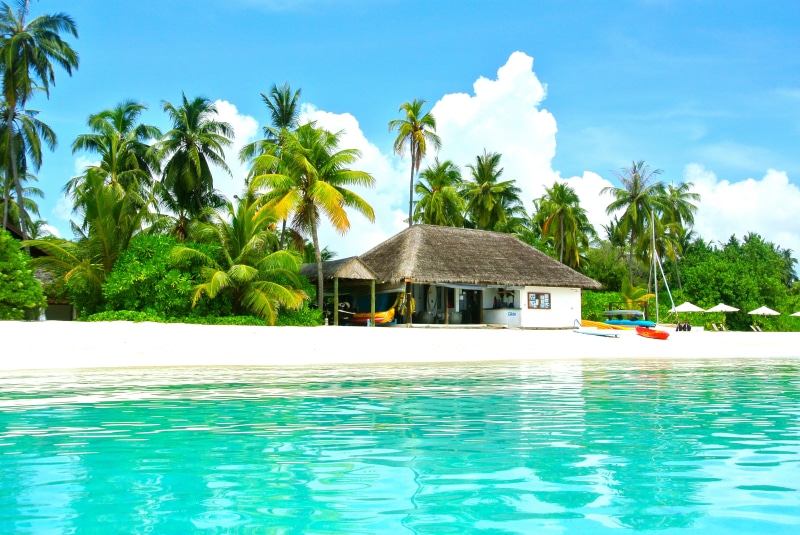 travel, water, cloud - sky, maldives, travel Destinations, no people, summer, coconut tree, house, calm, cottage, swimming pool, tourist Resort, 4K, brown