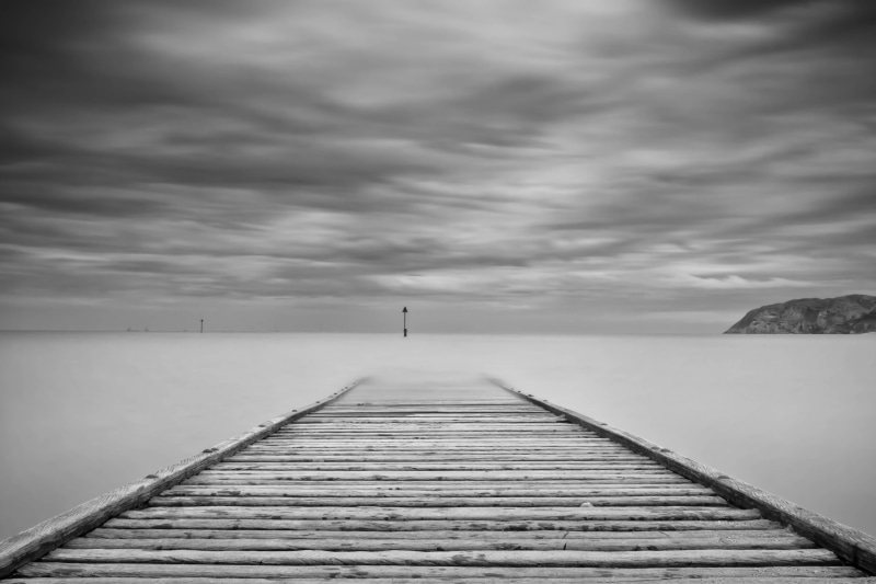Long Exposure, landscape, outdoors, grayscale, sky, coastline, jetty, monochrome, Ocean, Wales, seascape, 4K, Black and White, Sea, wood - Material, wooden