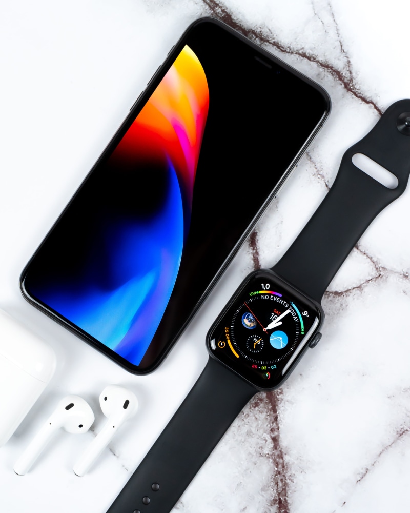 close-up, electronics, black, phone, high angle view, directly above, iphone x, iphone, watch series 4, tech, still life, minimal, electrical equipment