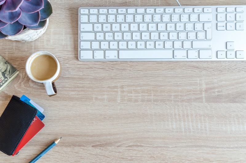 drink, top, copy, flower, pc, desktop, office, cup, high angle view, modern, desk, blank, supply, view, notepad, wood, note, indoors, space, computer, wallet