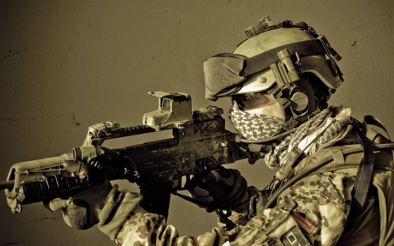 headwear, portrait, army, infantry, uniform, gas Mask, oPS, operator, military, assault, camouflage clothing, army Soldier, gun, protective Mask - Workwear
