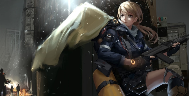 transportation, black, gloves, adult, anime, illustration, blonde, front view, young adult, casual clothing, Tom Clancys The Division, original characters