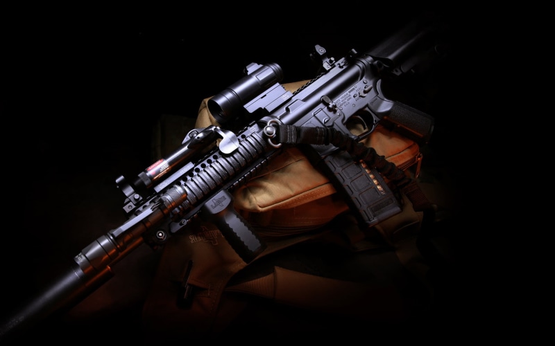 bullet, aggression, weapons, muffler, protection, military, security, rifle, black, machine gun, black background, ammunition, 1080P, weapon, twilight