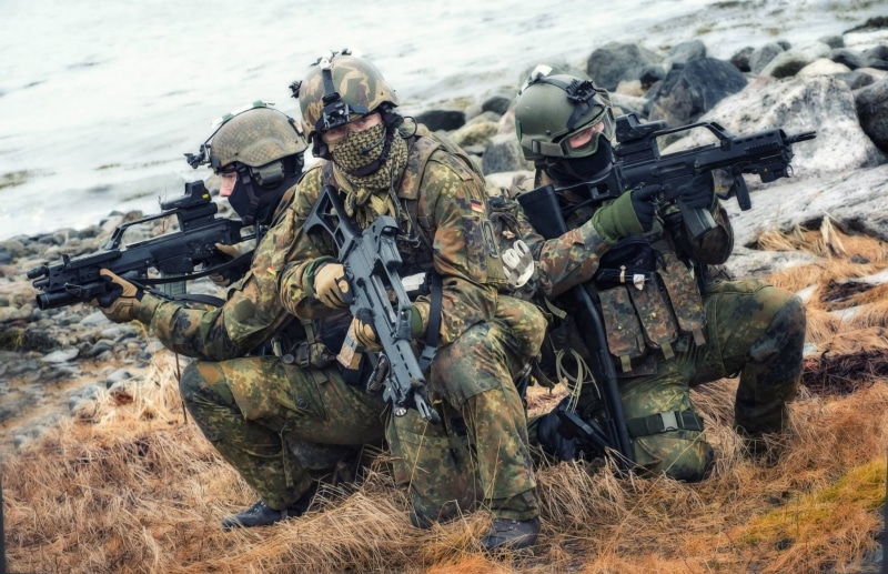 black, outdoors, aiming, day, the Bundeswehr, Germany, rifle, military training, HK G36, army soldier, uniform, people, gun, camouflage clothing, military uniform