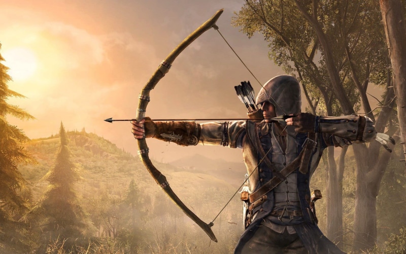 aiming, bow, archery, archer, shooting a weapon, adult, tree, hunter, sun, weapon, one person, video games, nature, illustration, 720P, arrow - bow and arrow