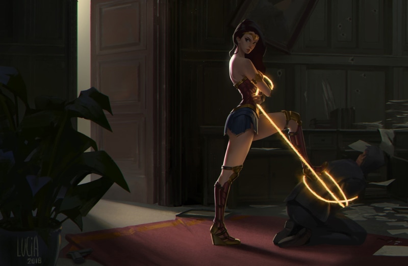 tie, 720P, women, Lucia Hsiang, black hair, fan art, fantasy girl, DC Comics, digital, artwork, Wonder Woman, men, armour