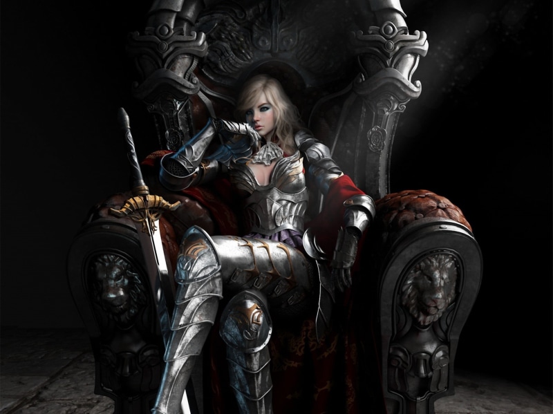 art and craft, blonde, 1080P, woman, activity, metal, history, sculpture, one person, suit of armor, protection, holding, front view, representation, haired