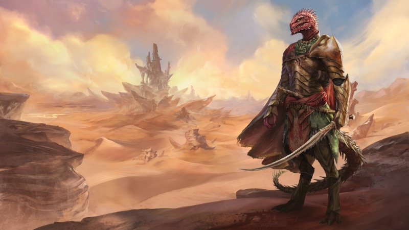 Divinity: Original Sin 2, lizards, digital art, fantasy art, video game art, Lizardmen, armour, warrior, artwork, sword, 4K, The Red Prince, desert, reptile