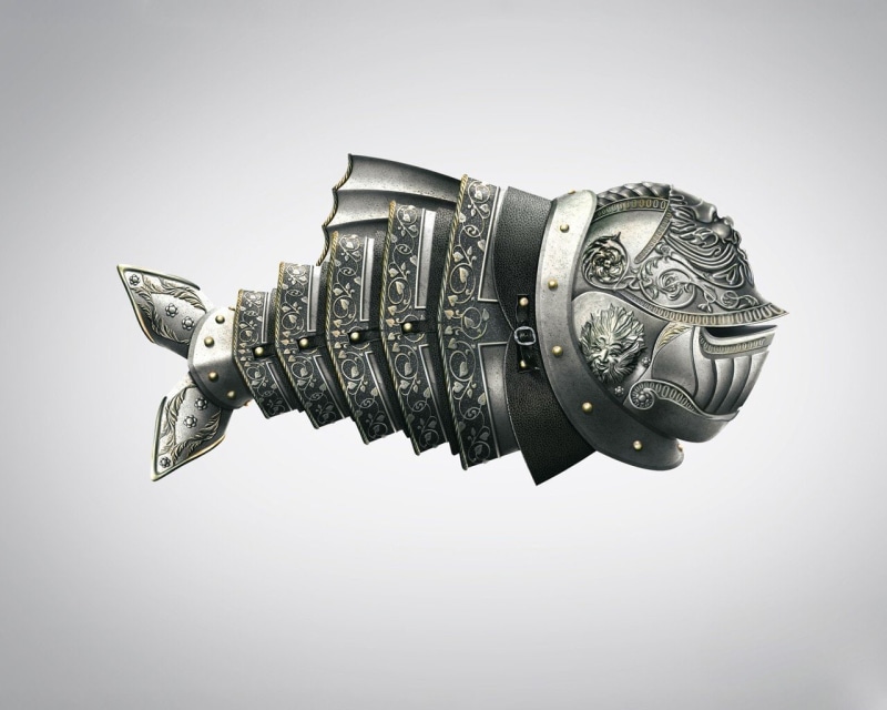 720P, animals, simple background, digital art, fish, ornamented, minimalism, armour, steel