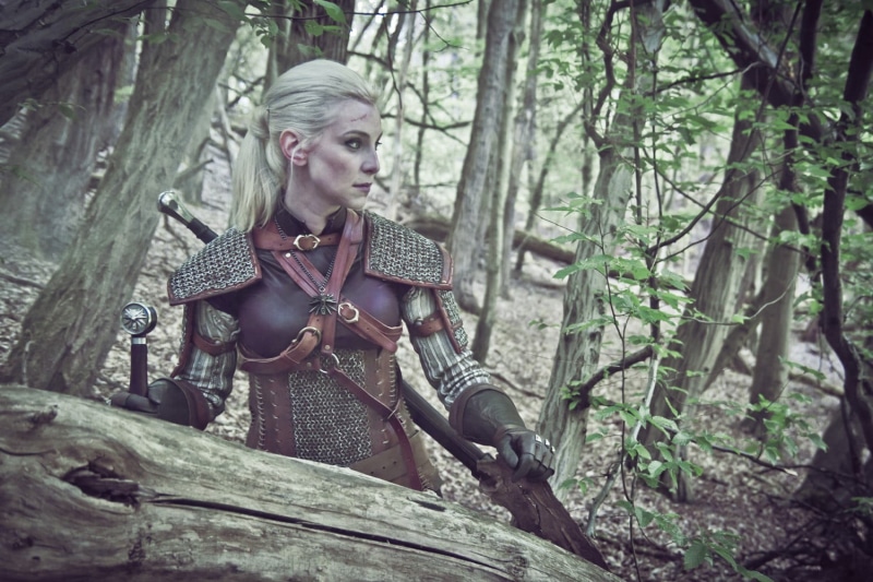 females, The Witcher 3: Wild Hunt, Alzbeta Trojanova, real people, front view, tree, adult, s, sword, forest, mid adult women, cosplay, one person, nature