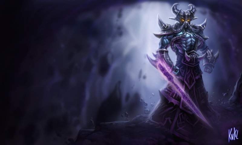 league of legends, poster, dark background, video games, anime, weapon, games, purple, gray, 1080P, blade, kassadin, armor, sword, armour, warrior