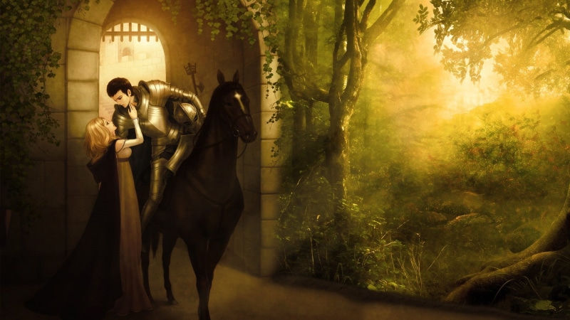 positive emotion, dress, adult, couple - relationship, tree, fantasy girl, horse, outdoors, newlywed, 1080P, plant, fantasy art, well-dressed, standing