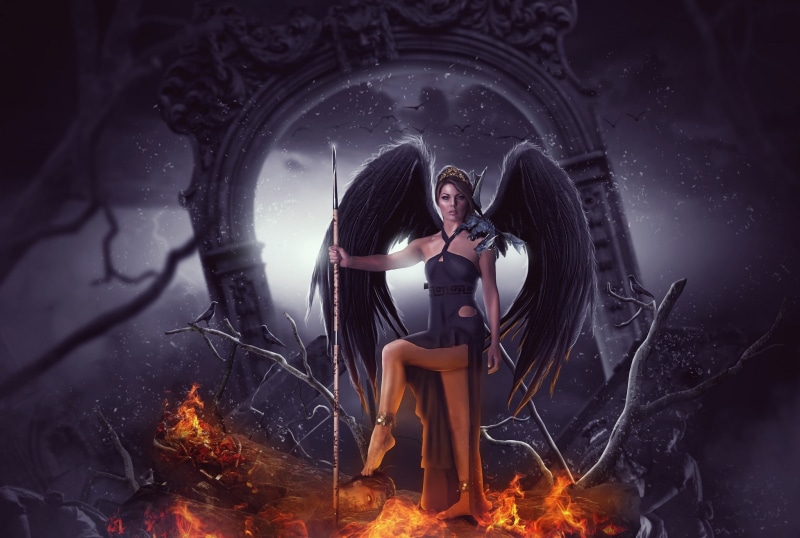 fantasy art, burning, standing, hairstyle, dragon, night, artwork, architecture, wings, clothing, fantasy girl, women, young women, fashion, young adult