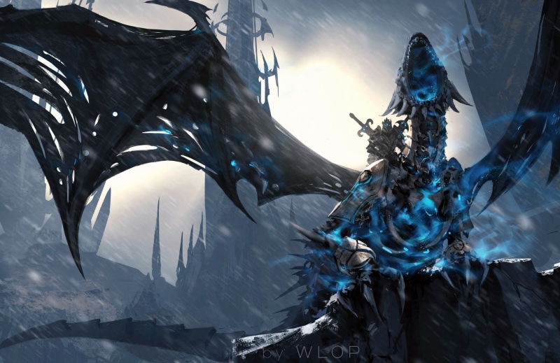 Arthas Menethil, pearls, Sindragosa, digital art, game, rain, Lich King, Warcraft, fantasy art, artwork, Wlop, warrior, wings, World of Warcraft, swords