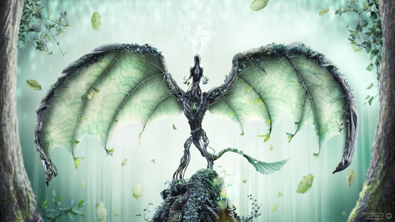 growth, freshness, botany, fantasy art, digital, beauty in nature, day, green, 2K, plant part, season, leaves, dragon, tranquility, Desktopography, animal
