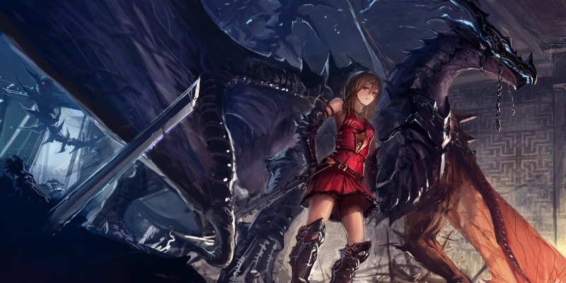 sword, fangs, looking at viewer, brunette, original characters, dragon, standing, brown eyes, armor, anime, open mouth, minidress, long hair, 720P, fantasy art