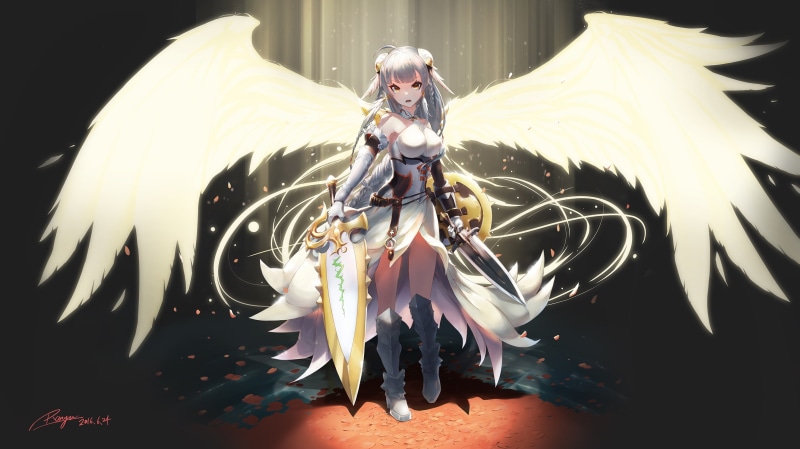 night, valkyrie, puzzle and dragons, one person, women, mask, dual sword, wings, Anime, 2K, clothing, standing, real people, art and craft, arts culture and entertainment