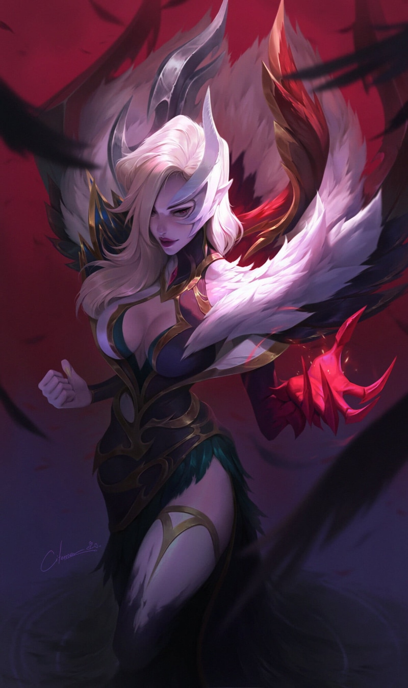 silver hair, long hair, dress, Morgana, spell, women, 1080P, red, drawing, League of Legends, feathers, claws, Morgana (League of Legends), Citemer Liu