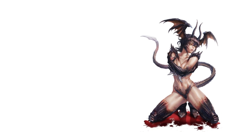 horns, Go Nagai, white background, blood, fantasy, anime girl, minimalism, simple background, demon, tail, Devil Lady, digital art, wings, girl, artwork