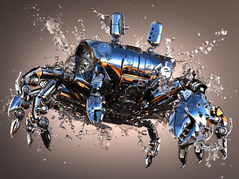 metal, splashes, animals, gray, claws, representation, crab, indoors, silver colored, destruction, technology, simple background, reflection, motion, water drops