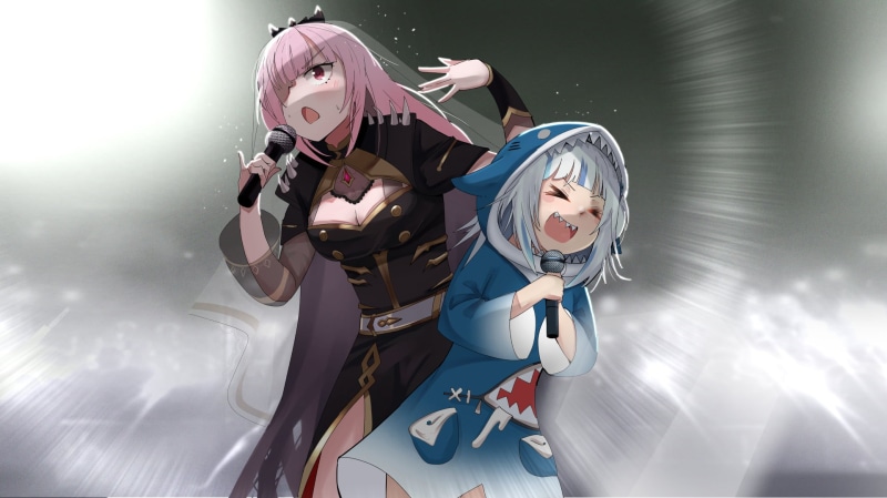 Gawr Gura, shark teeth, anime girls, anime, 1080P, Mori Calliope, singing, Hololive