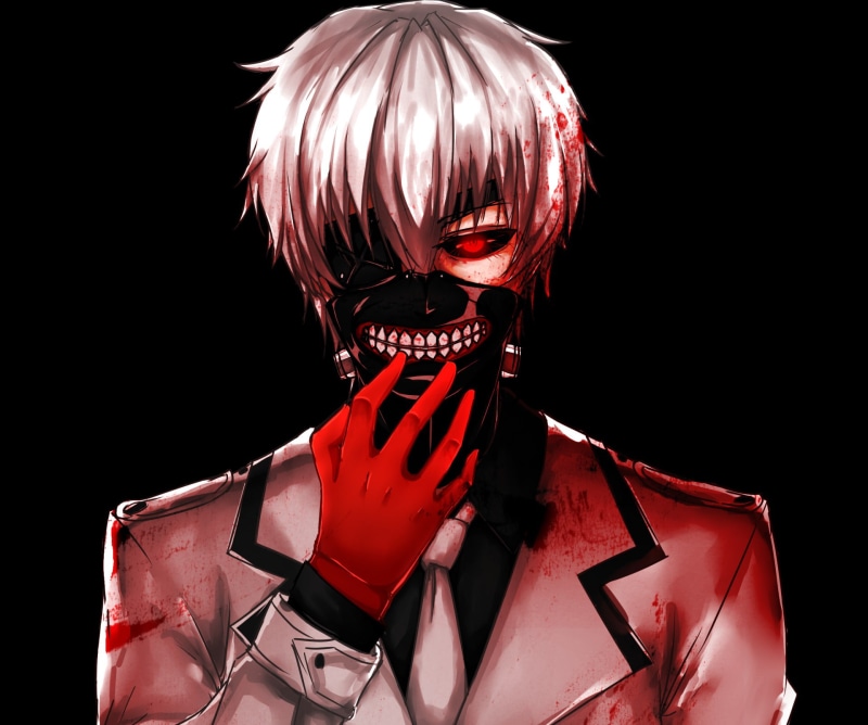 headshot, Red Eyes, one person, red, Teeth, Mask, technology, Anime, cut out, looking at camera, adult, 1080P, obscured face, black background, Glove