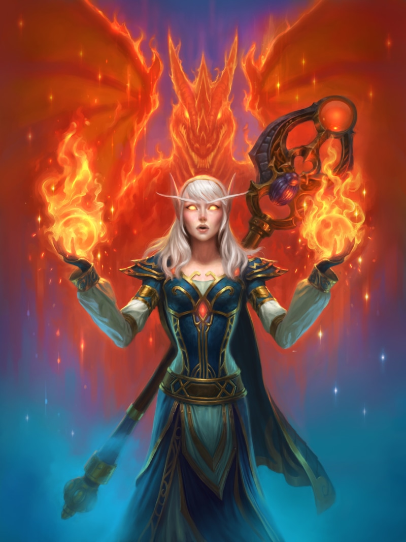flame, adult, waist up, dreamlike, front view, women, Hearthstone: Kobolds and Catacombs, 4K, burning, beauty, digital composite, fantasy, smiling, mystery