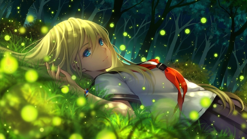 blonde hair, green, 4K, anime, anime girl, trees, firefly