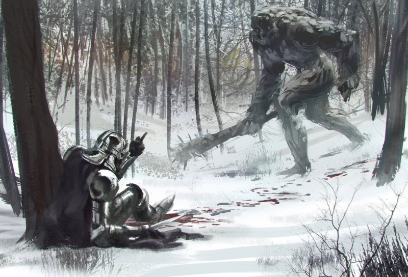 Armored, outdoors, nature, mammal, fantasy art, 1080P, winter, day, cape, artwork, no people, deer, forest, animal, cold temperature, plant, blood, hand gesture