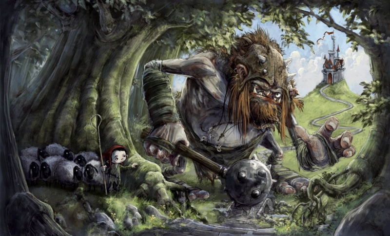 Jonny Duddle, human representation, day, art and craft, trolls, belief, no people, fantasy art, outdoors, forest, sheep, female likeness, architecture