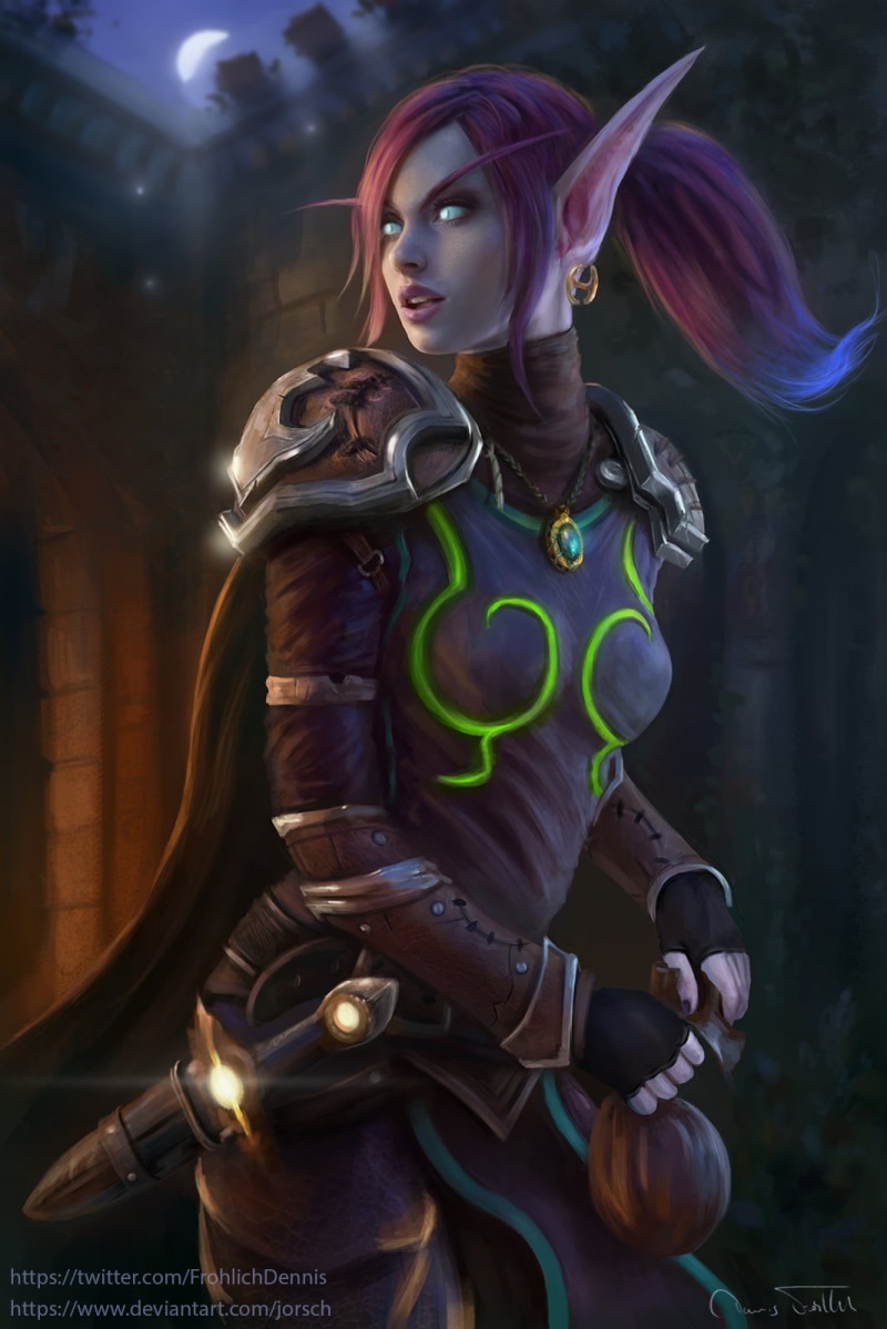 blood elves, Moon, Jorsch, redhead, dagger, Rogue, Warcraft, night, women, 720P, drawing, Blood Elf, ponytail