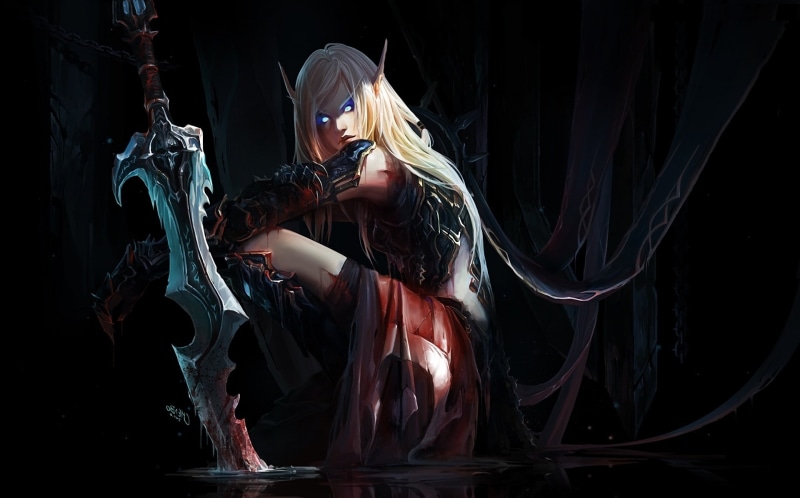 hairstyle, standing, 1080P, fantasy Art, Blood Elf, adult, indoors, one person, young women, night, leisure activity, blond hair, Chenbo, real people