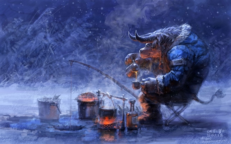 fishing, video, world, hd, 720P, Video Games, snow, fantasy, x, games, art, artwork, tauren, wa, yaorenwo, warcraft, Winter