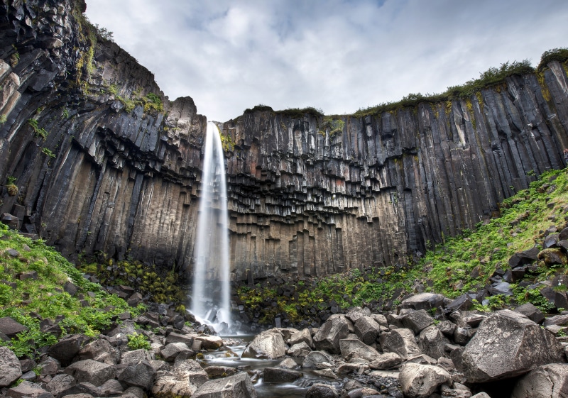 black basalt columns, " Black waterfall", Iceland, 5K, resembling organ pipes, the ledge, the svartifoss waterfall, pointed stones