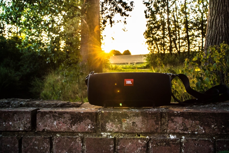 speaker, rest, sky, day, bench, focus on foreground, back lit, lens flare, jbl, no people, music, forest, sunset, xtreme, burning, bluetooth, plant, tree