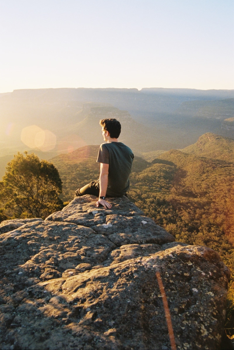 nature, non-urban scene, tranquil scene, tree, mountain, cliff, casual clothing, looking at view, tranquility, backwards, caucasian, rear view, ledge, summit