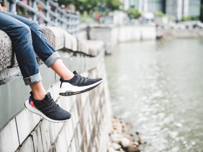 black, human leg, outdoors, wall, fashion, lifestyles, human body part, sitting, person, 4K, river, ultraboost, hypebeast, railing, addida, front, rooftop