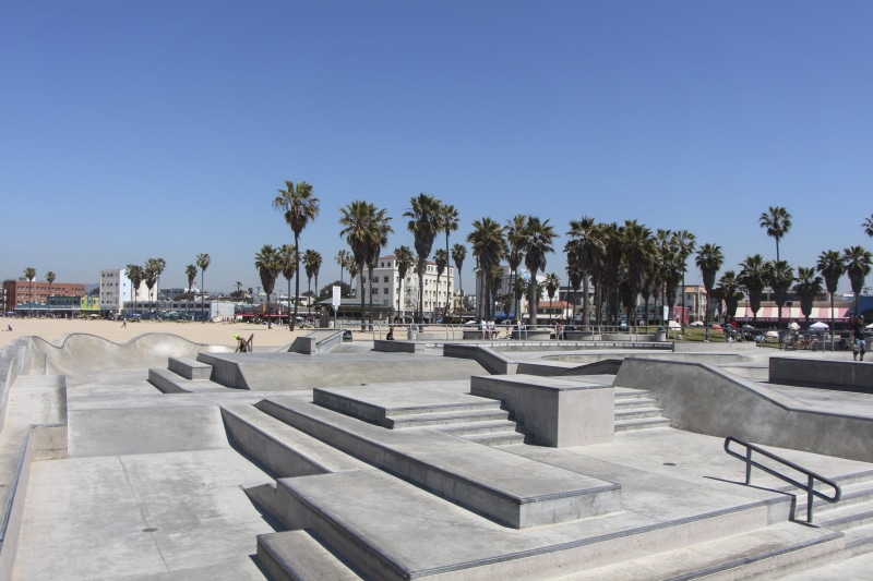 transition, tropical climate, blue, copy space, tree, nature, venice beach, travel destinations, sky, california, palm, skatepark, beach, skateboard, bench