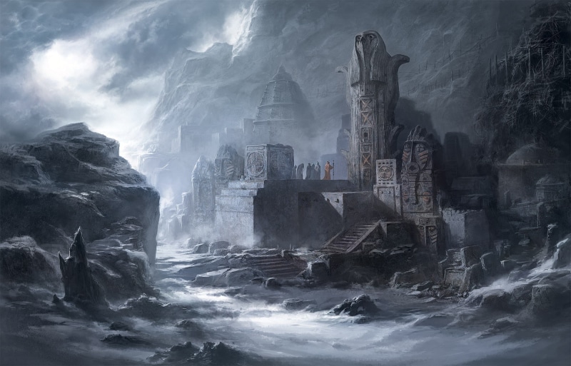 fantasy art, magicians, Temple, mountains, dark, wizards, artwork, people, fantasy, priests, statues, 1080P, ruins