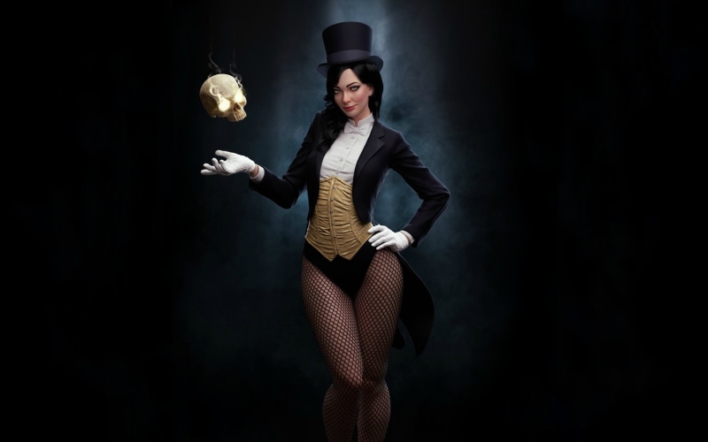 blazer, standing, young adult, indoors, fishnet, looking at camera, happiness, skull, Steferson Rocha, Zatanna, emotion, 2K, smiling, one person, beautiful woman