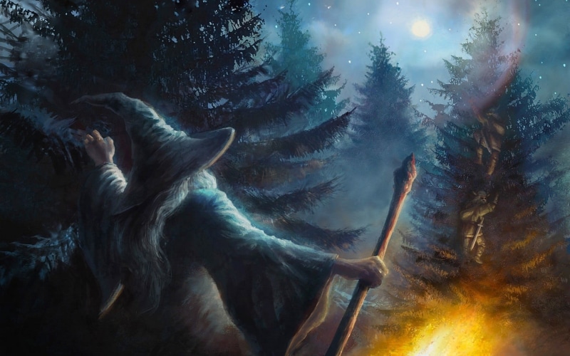 wand, The Hobbit, scenics - nature, coniferous tree, fantasy art, magician, digital composite, tree, land, graphic, beauty in nature, day, Gandalf, fire - natural phenomenon