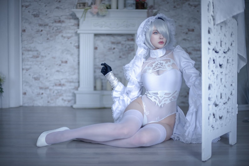 model, hair over one eye, women, Sai Westwood, short hair, cosplay, 2B (Nier: Automata), video game girls, silver hair, video game characters, video games