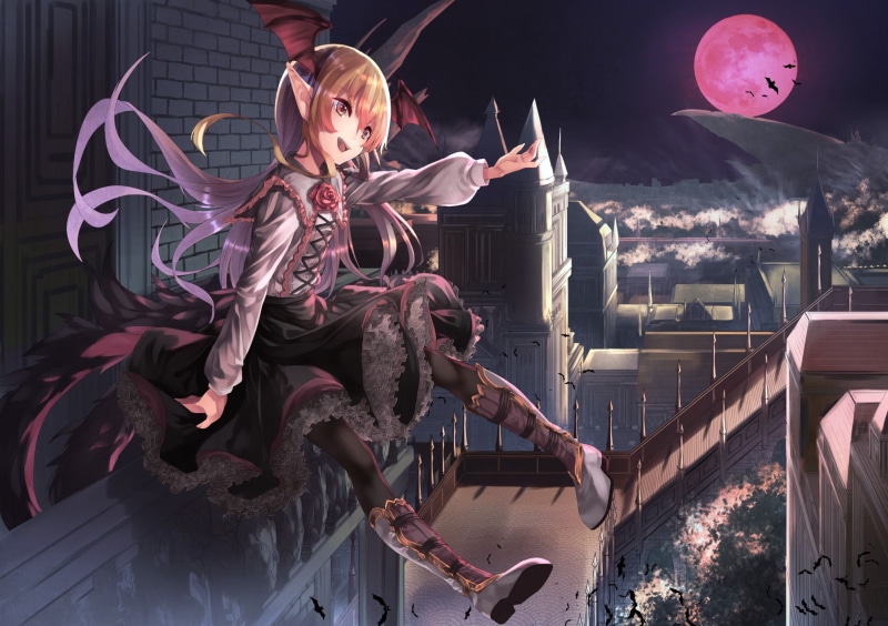 tail, dress, anime girls, anime, Granblue Fantasy, night, long hair, wings, Moon, elves, 1080P