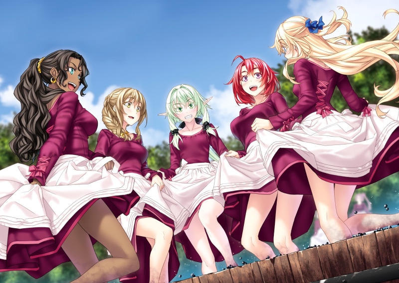 Priestess (Goblin Slayer), High Elf Archer (Goblin Slayer), Pink Dress, Anime, Braid, Green Eyes, Guild Girl (Goblin Slayer), Short Hair, Cow Girl (Goblin Slayer)