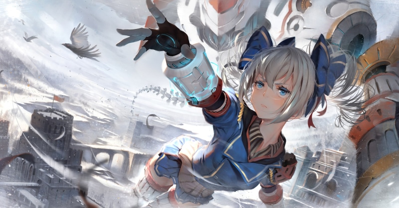 Honkai Impact 3rd, fantasy art, Bronya Zaychik, drawing, raven, birds, looking away, silver hair, illustration, flying, digital painting, blue eyes, hair bows