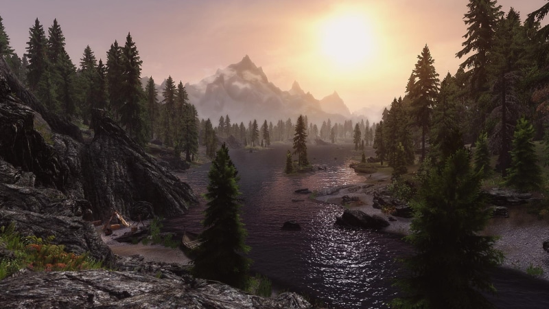 sunset, idyllic, river, sunlight, growth, SLMP, nature, tree, Bethesda Softworks, water, 1080P, The Elder Scrolls V: Skyrim, sky, beauty in nature, land