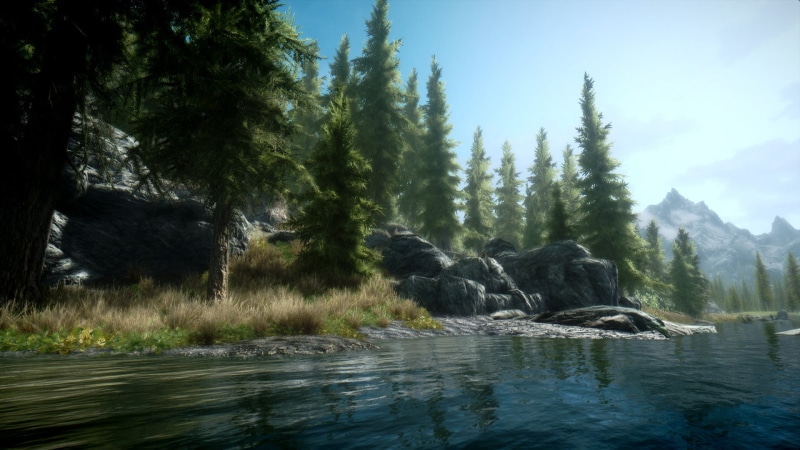 nature, plant, flowing, tree, The Elder Scrolls V: Skyrim, day, outdoors, solid, beauty in nature, waterfront, non-urban scene, no people, trees, land