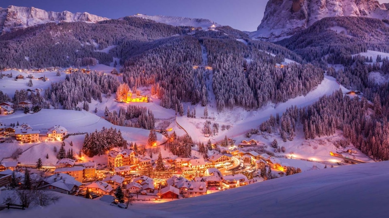 Val Gardena, lights, 1080P, Italy, winter, The Dolomites, valley, snow, mountains