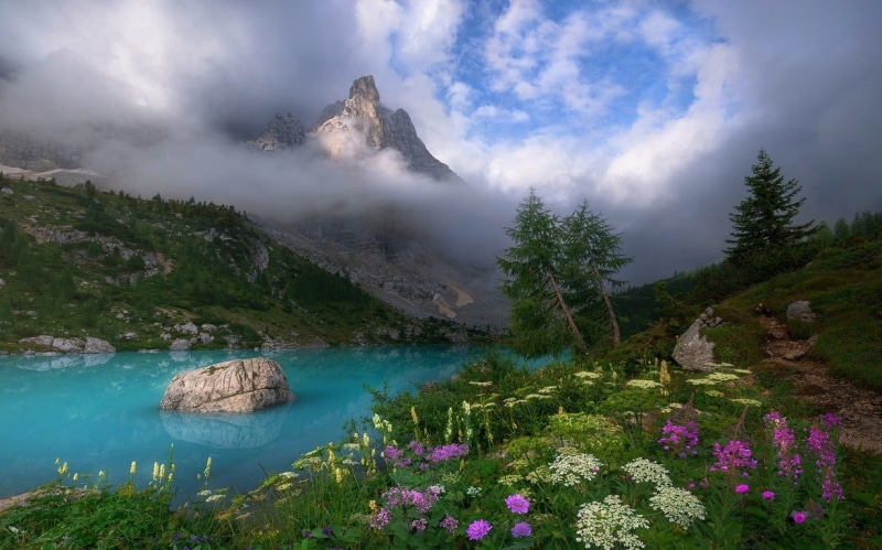 near, outdoors, water, mountain, wildflowers, scenics - nature, sky, turquoise, tranquil scene, flowering plant, spring, flower, no people, distant, 480P